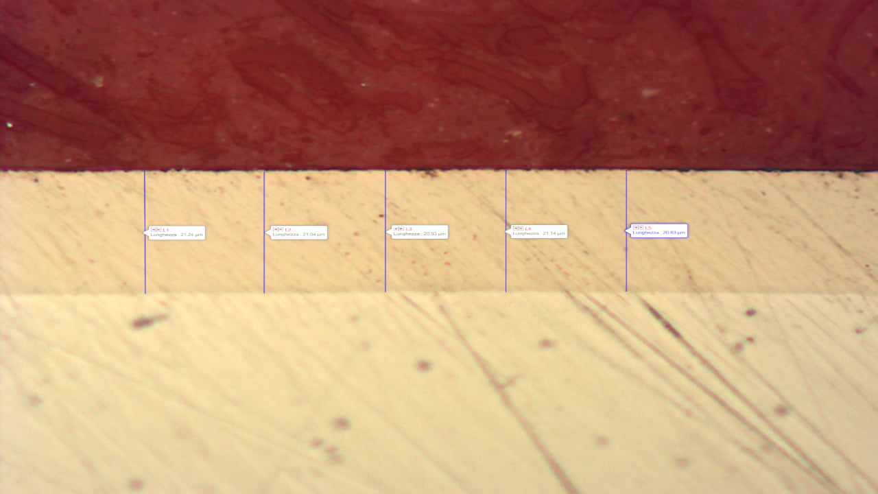 Micrographic section with measurement of electroless nickel coating thickness