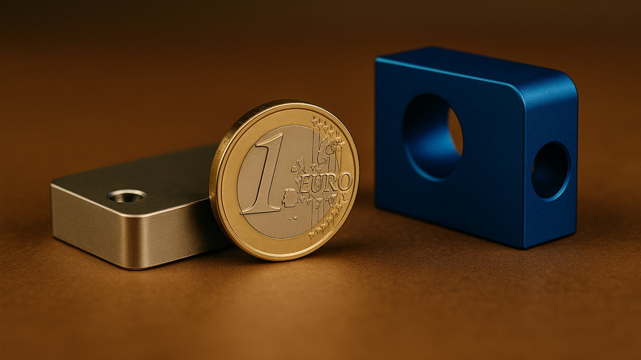 Moneta da 1 euro accanto a un pezzo nichelato e uno anodizzato blu.