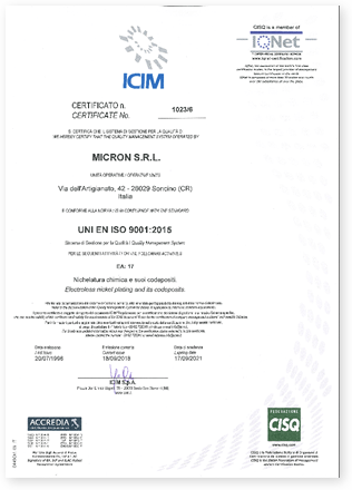 Zertifikat ISO 9001 Micron Srl